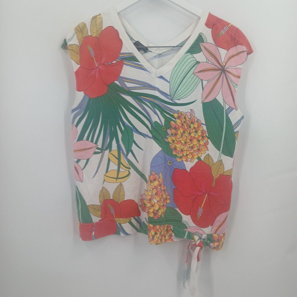womans talbots petite size large tropical print v neck top with side tie